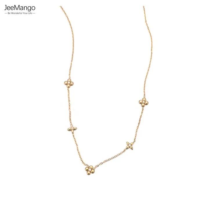 JeeMango luxe Zircon quatre feuilles fleur pendentif collier pour femmes 18K PVD plaqué acier inoxydable étanche cou bijoux N25090
