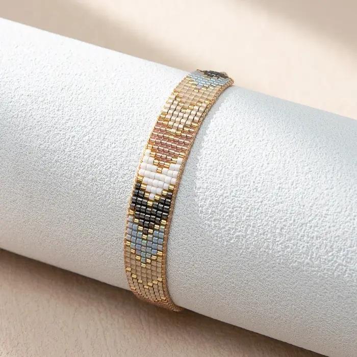 Bracelet perlé tissé à la main dégradé mode simplicité motif bohême réglable unisexe boule de riz