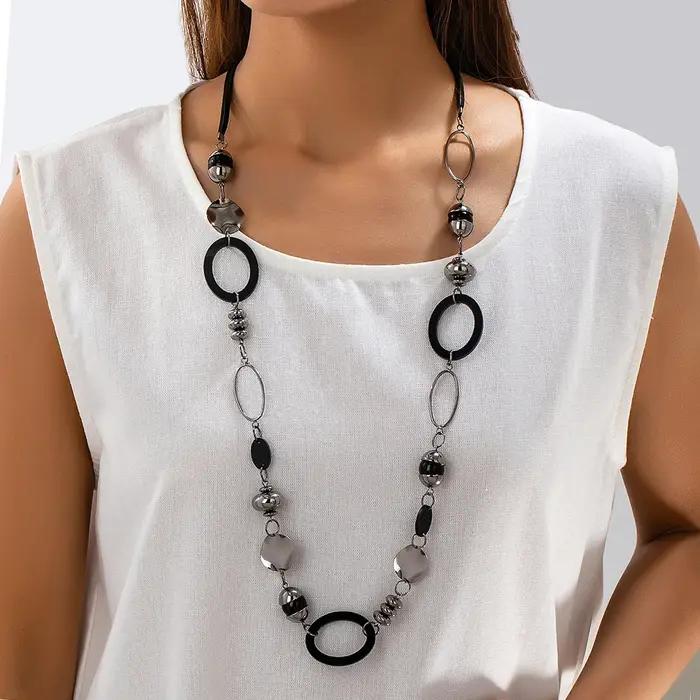 Long collier géométrique noir argent, Design d'épissure rétro Cool, superposition de trajet, accesso