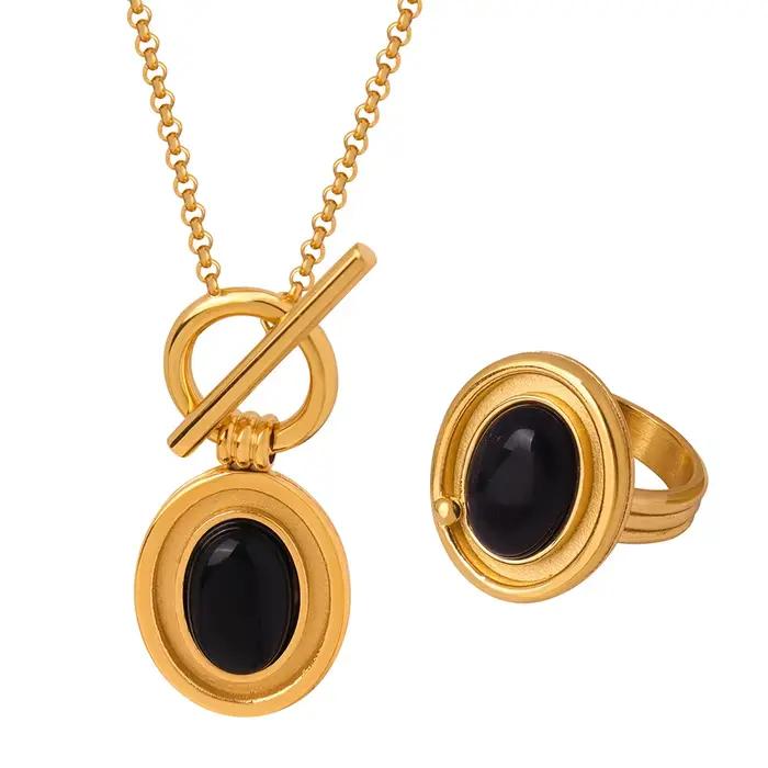 Ensemble de bijoux pendentif en agate noire pour femme