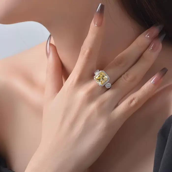 Vinregem 10 MM 5 CT Citrine haute teneur en carbone diamant bague en pierres précieuses pour les femmes 100% 925 en argent Sterling mariage fiançailles bijoux fins