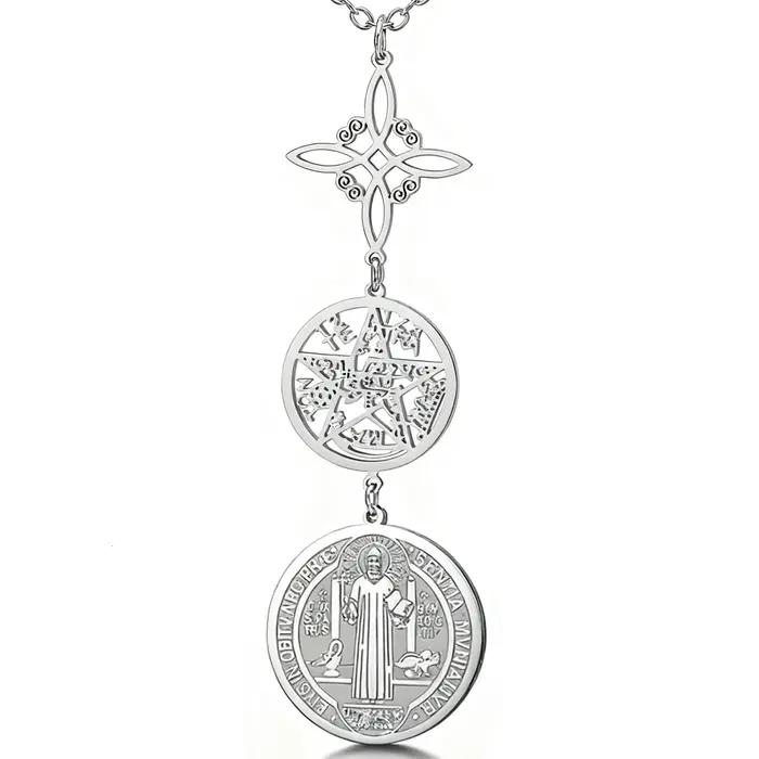 Collier Triple Protection avec nœud de sorcière, pentagramme, tétragrammaton, saint benoît, symbole