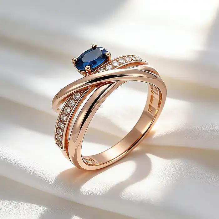 Bagues Croisées Inhabituelles en Or Rose 585 Serties de Zircon Naturel Bleu Brillant Élégantes pour Fêtes et Occasions Spéciales