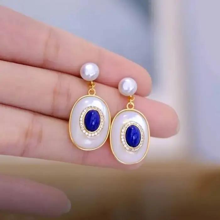 Boucles d'oreilles en lapis-lazuli et zirconium pour femmes, style vintage, mariage, bijoux pendantes
