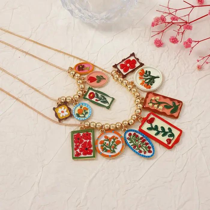 Collier pendentif géométrique en émail coloré avec motif floral pour femmes bijoux de soirée cadeaux occasions spéciales