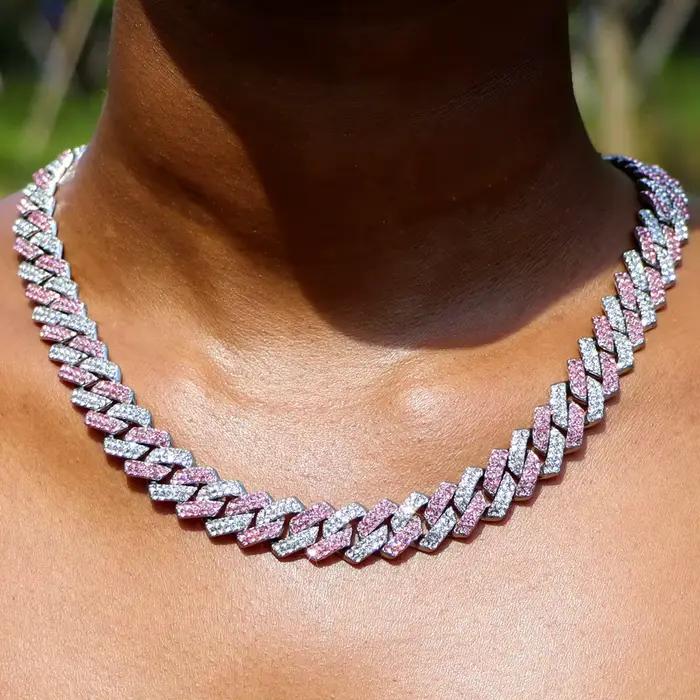 Collier chaîne cubaine Hip Hop pour hommes et femmes, chaîne Miami rose et blanche sertie de strass, bijoux unisexes brillants, cadeau