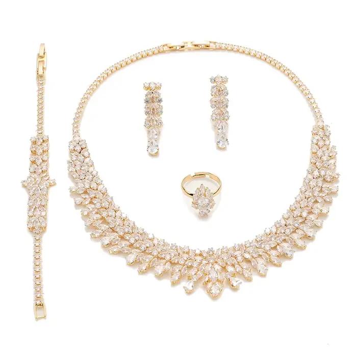 Ensembles de bijoux HADIYANA mariée zircone pour les femmes fête luxe collier Bracelet boucle d'oreille anneaux de mariage BN8132 cadeau d'anniversaire