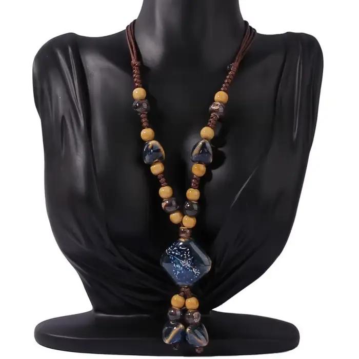 Collier en céramique artistique rétro polyvalent pour femmes, longue chaîne de pull géométrique bohème, accessoire Simple et élégant, parfait