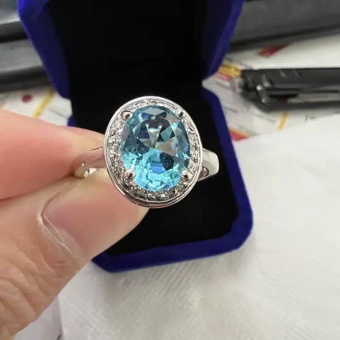 Bague de fiançailles et de mariage en or blanc 10 carats avec diamant aigue-marine de laboratoire