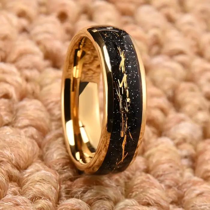 Bague en acier tungstène incrustée de feuille d'or simple dorée pour mariage et occasions spéciales unisexe