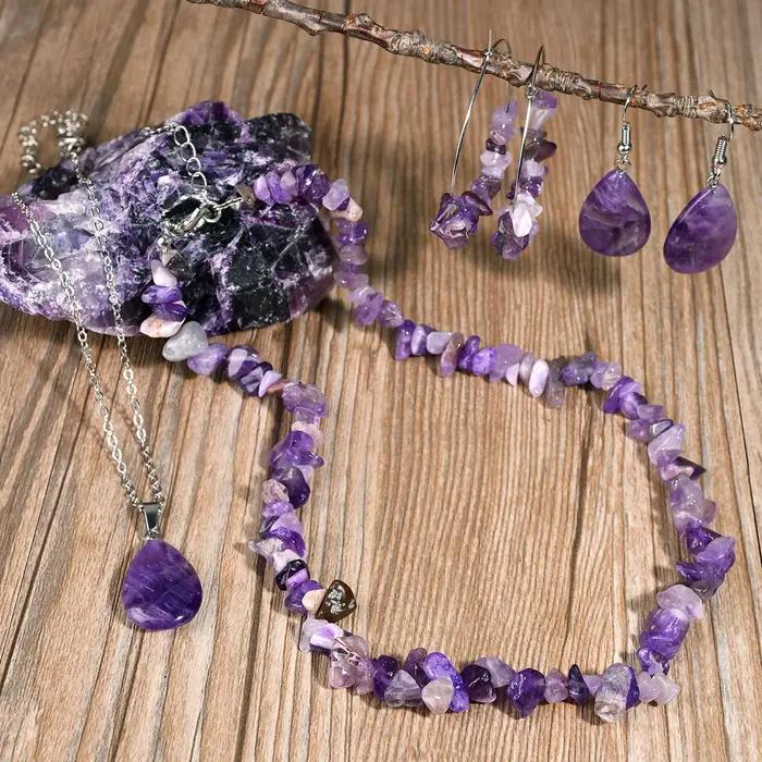 Ensemble de boucles d'oreilles et collier en améthyste en pierre naturelle