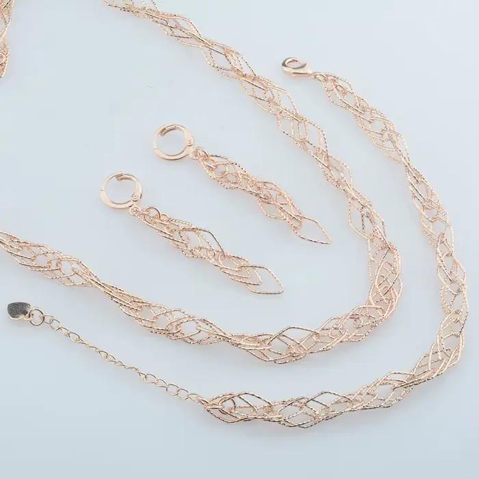 Ensemble de bijoux pour femme collier bracelet et boucles d'oreilles géométriques en cuivre couleur Or Rose style mariée élégant