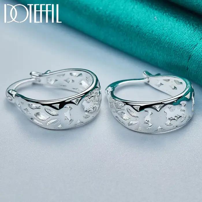 DOTEFFIL 925 en argent Sterling géométrique creux cerceau boucle d'oreille pour femme charme fête de fiançailles fête de mariage bijoux cadeau
