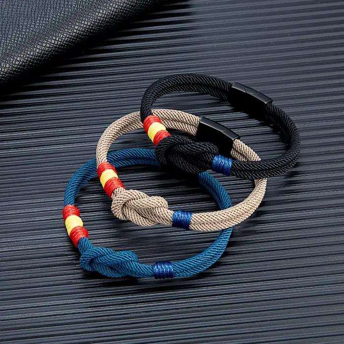 Bracelet drapeau espagnol – Corde double couche tissée à la main avec boucle magnétique en acier inoxydable noir, bijoux de couple pour hommes et femmes