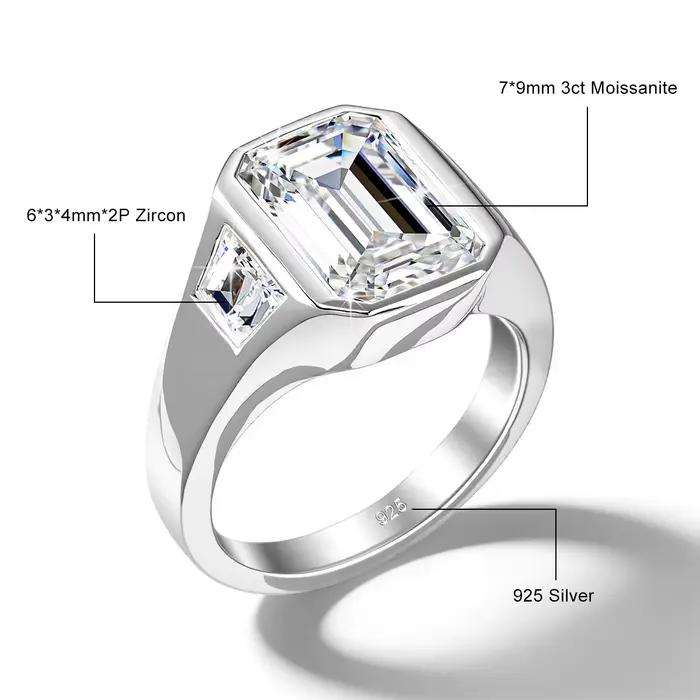 Bague signet en moissanite taille émeraude 7*9mm 3ct couleur D VVS1 en or rempli 14K Au585 pour homm