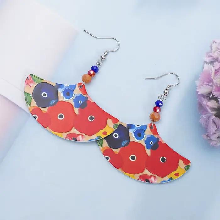 Boucles d'oreilles en acrylique en forme d'éventail à motif de fleurs colorées pour femmes, style vintage, légères, charmantes, bijoux élégants à porter au quotidien