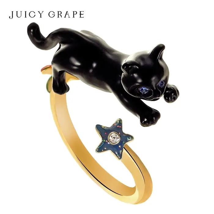 Bague réglable en émail plaqué or 18 carats fait à la main avec chat noir juteux