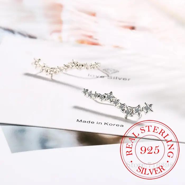 100% réel 925 en argent Sterling zircon cubique étoile oreille grimpeur boucles d'oreilles pour les femmes mignon