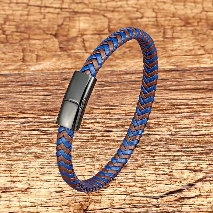 Bracelet tressé en cuir enveloppant bleu marron classique, breloque avec fermoir en acier inoxydable, Bracelet magnétique, corde, chaîne, bijoux