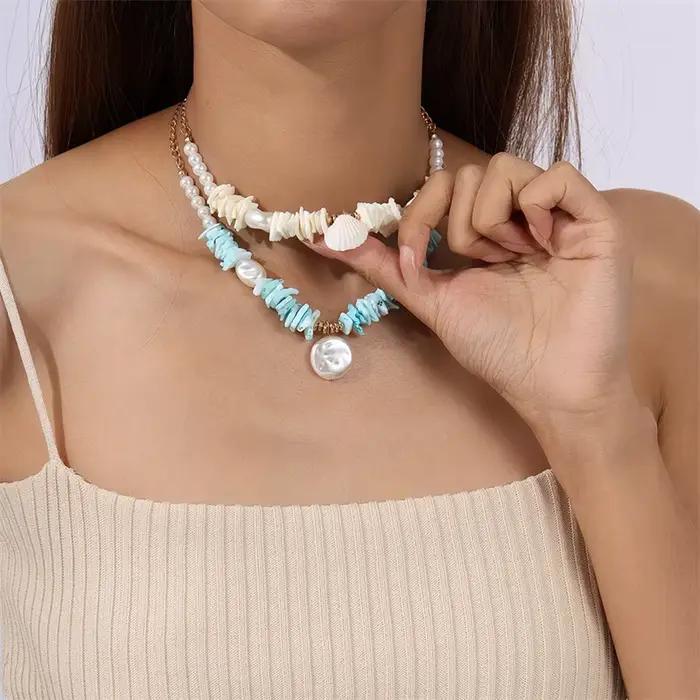 Collier de perles d'imitation fait à la main, Double couche, coquille, pour femmes et filles, vacanc