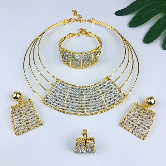 Ensemble de bijoux géométriques deux tons pour femmes, 4 pièces, collier épais, boucles d'oreilles, Bracelet, bague, cadeaux de fête de mariage