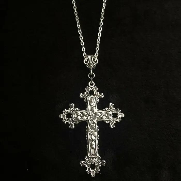 Grand collier croix victorienne longue chaîne 19 pouces dieu argent religieux gothique jésus