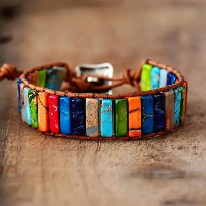 Bracelet bohème multicolore en pierre impériale, 7 chakras, pierres rectangulaires, bracelet en corde de cuir, bijoux de poignet K0