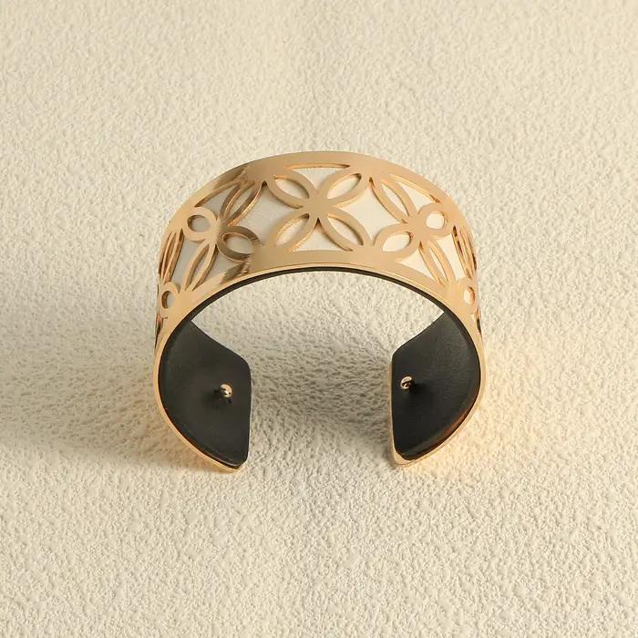 Bracelet de manchette en cuir et cuivre à motif géométrique symétrique double face pour femme