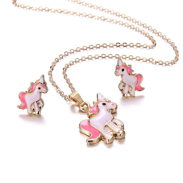 Ensemble de bijoux cheval animal de dessin animé en émail pour femmes et filles collier boucles d oreilles occasion spéciale