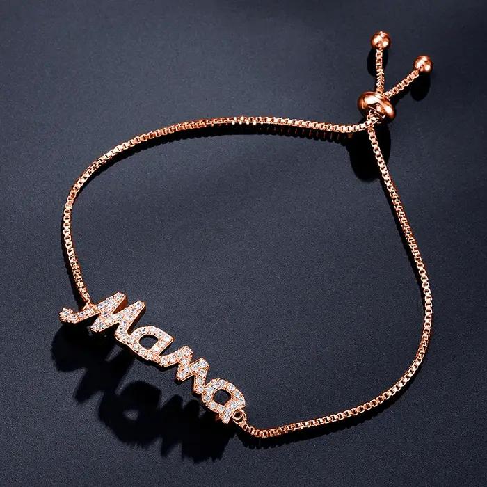 Bracelet lettre Mama avec cristaux étincelants de Rotterdam réglable pour femme cadeau d'anniversaire fête des mères bijou personnalisé colonne vertébrale