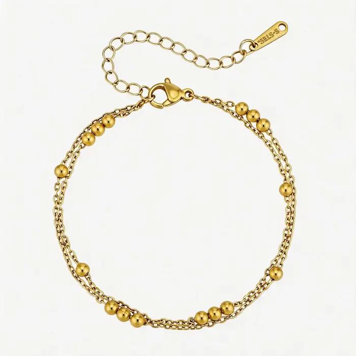 Bracelet délicat double couche à billes pour femme, minimaliste, avec chaîne de perles Satellite Station, plaqué or 18 carats, bijoux étanches