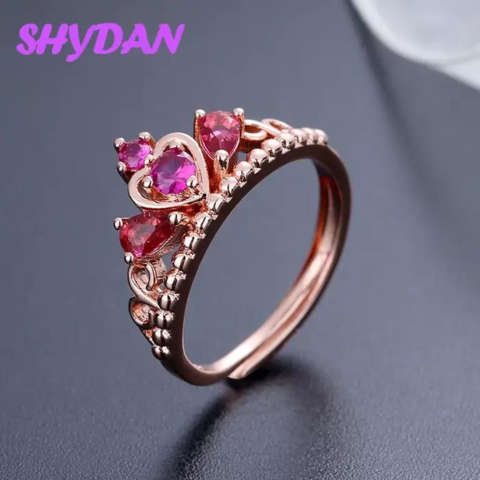 Bague ajustable en argent sterling 925 SHYDAN avec couronne en rubis pour femmes et filles