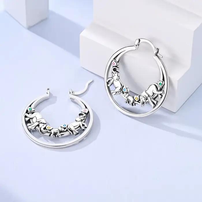 Boucles d'oreilles en argent Sterling 925 pour femmes, famille d'éléphant scintillant, Double couche, cerceau pour anniversaire, bijoux cadeaux de mariage