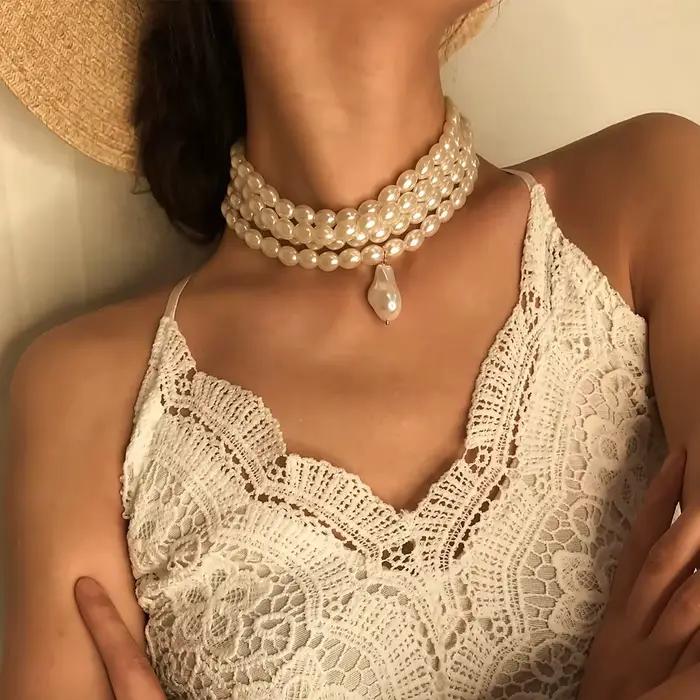 Collier ras du cou en perles superposées coréennes pour femmes