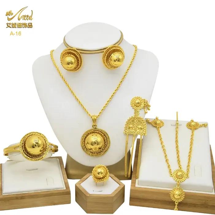 ANIID éthiopien 24k plaqué or 6 pièces ensembles de bijoux pour femmes indien dubaï haute qualité collier ensemble cadeaux de fête de mariage