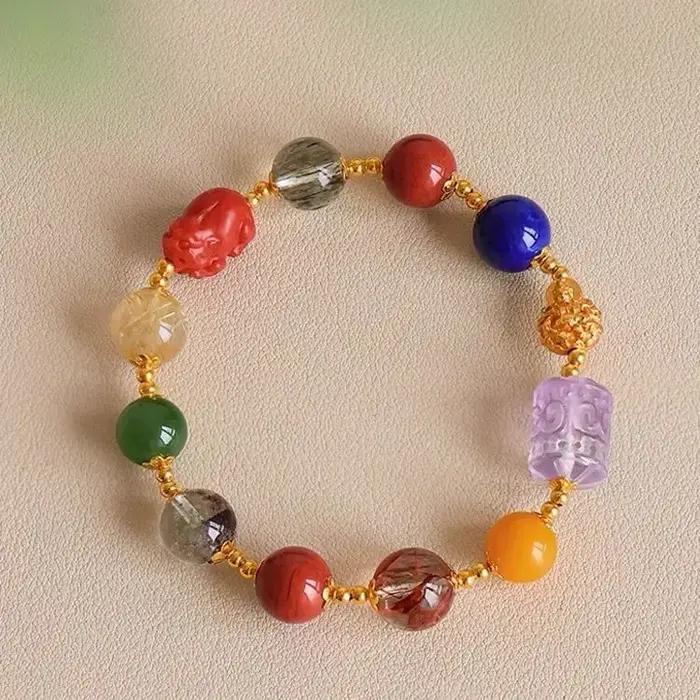 Duobao Bracelet naturel rouge du sud vert fantôme cheveux dorés cristal améthyste Lapis