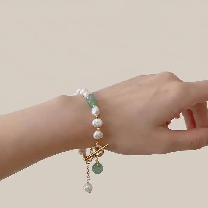Bracelet de perles baroques irrégulières avec perles vertes et strass pour femme style fashion