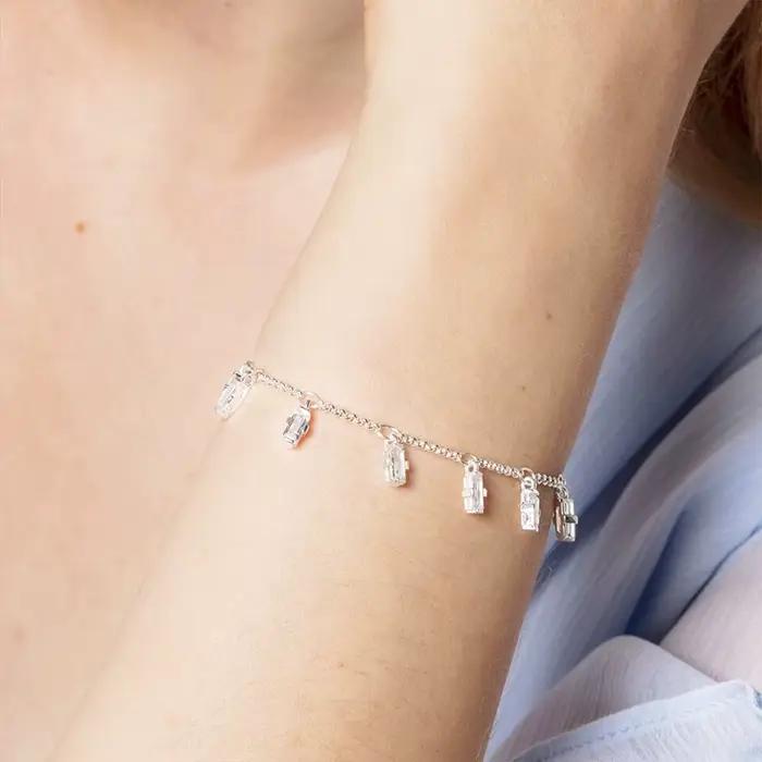 Bracelet chaîne et maillons en argent Sterling 925 pierres zirconium coupe baguette pour femme