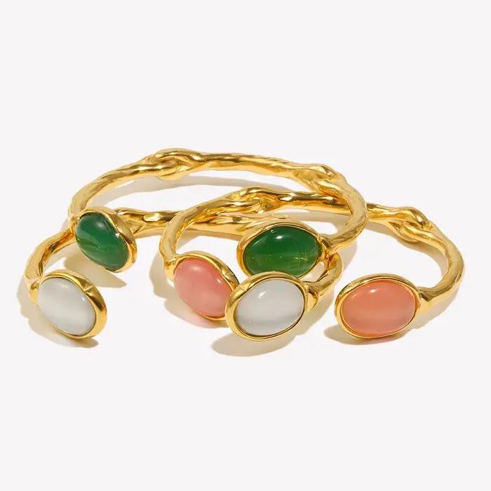 E.B.belle – Bracelet ovale en pierre naturelle, ouvert, irrégulier, en cristal d'agate verte, plaqué or 18 carats, en acier inoxydable, pour femmes