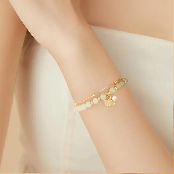 Hetian Jade Ginkgo Double couche Bracelet élégant luxueux bijoux faits à la main pour les femmes Premium cadeau choix S925 argent Sterling