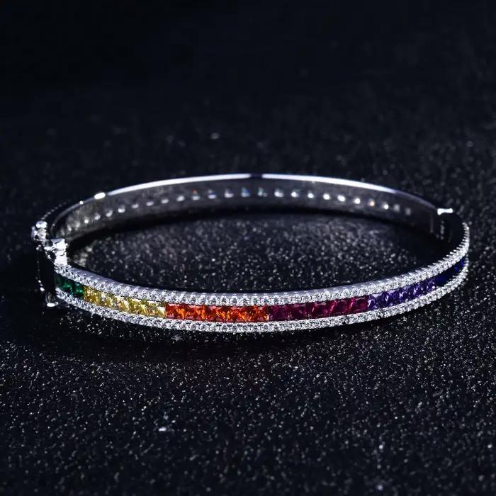 Bracelet manchette plaqué platine, zircone cubique, dégradé arc-en-ciel, bijoux cadeau pour femmes, bijoux de luxe pour anniversaire de mariage