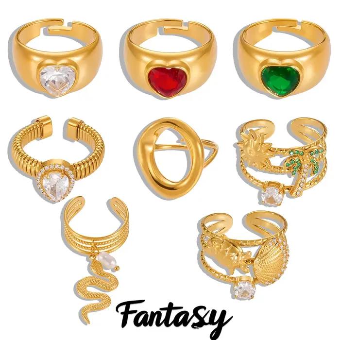 Bague en forme de cœur en Zircon rouge et vert pour femmes, en acier inoxydable 316, plaqué or, gros anneau serpent ouvert, bijoux tendance pour filles