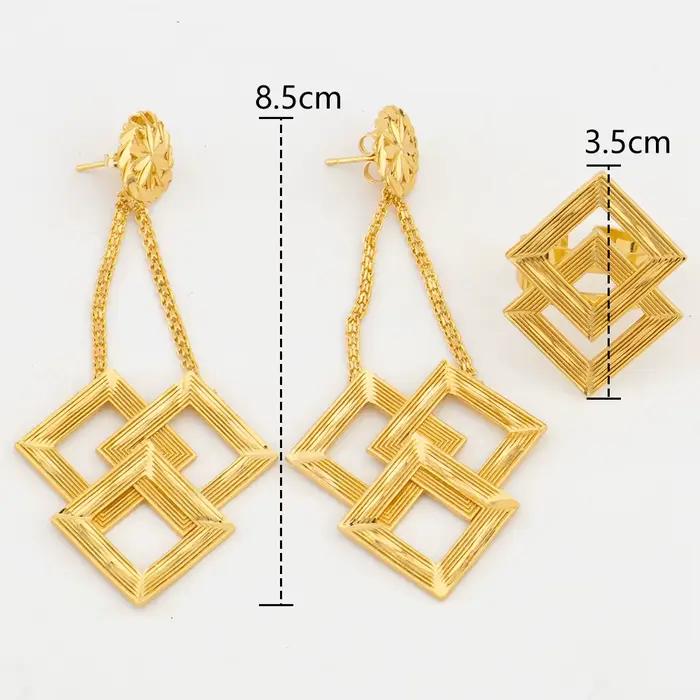 Boucles d'oreilles pendantes et bague en cuivre plaqué or pour dames, ensemble de bijoux exquis, accessoires de bijoux de Dubaï