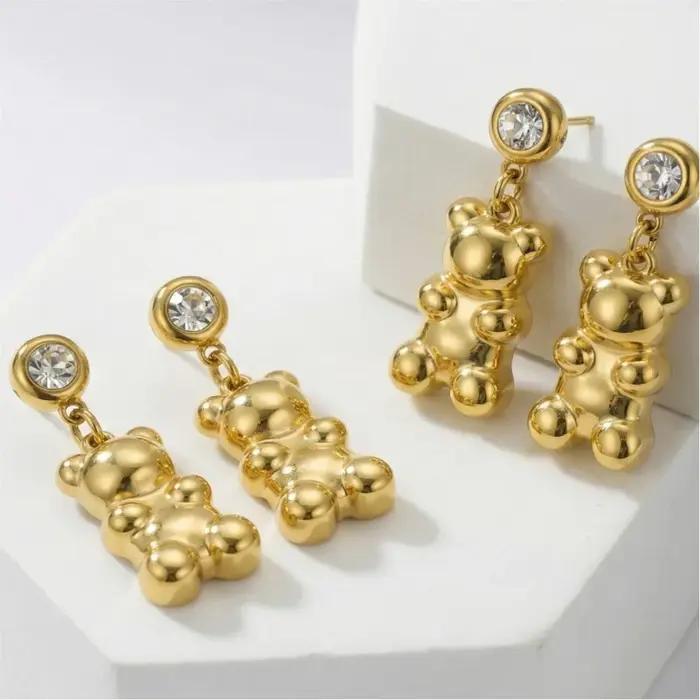 Boucles d'oreilles pendantes en forme d'ours en acier inoxydable plaqué or avec zircon cubique pour femmes pour diverses occasions
