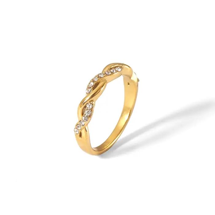 Bague torsadée fine pour femmes, en acier inoxydable incrusté de Zircon plaqué or 18 carats, bijoux