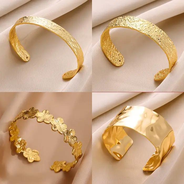 Bracelets larges en acier inoxydable pour femmes, couleur or, manchette à fleurs épaisses, Vintage, bijoux cadeaux de mariage