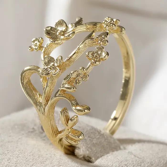 Bague vintage pour femme, motif branche et fleur sculptés à la main, en métal doré, géométrique, pou