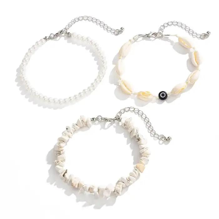 Ingemark Lot de 3 bracelets bohèmes en pierre naturelle pour hommes et femmes, rétro, empilables, avec perles imitation coquillage, ajustables