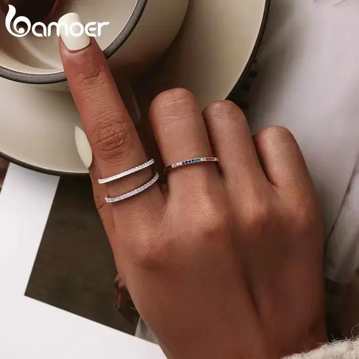 BAMOER 925 bagues empilables en argent sterling entièrement pavées de diamants simulés