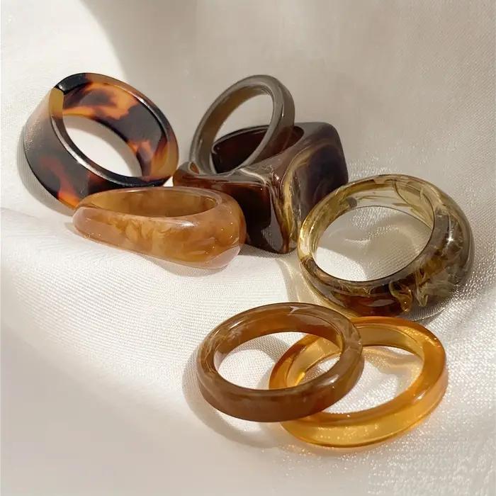 Bague à texture en mélange de résine de style bohème rétro, 7 pièces, pour femmes, à la mode et empilable, adaptée aux banquets quotidiens